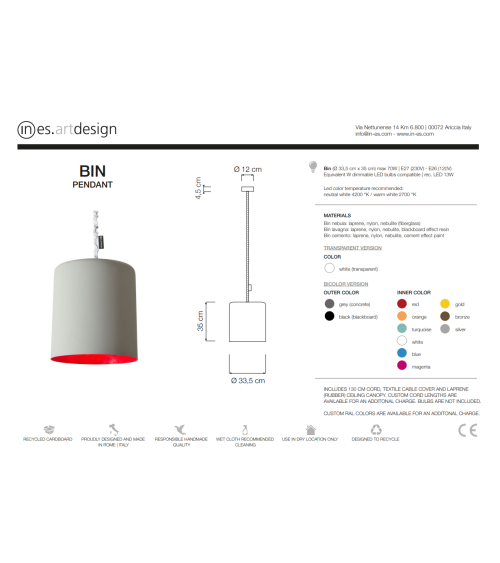 Lampada a sospensione Bin Cemento IN-ES.ARTDESIGN | BHOME by Arredi Barbàra