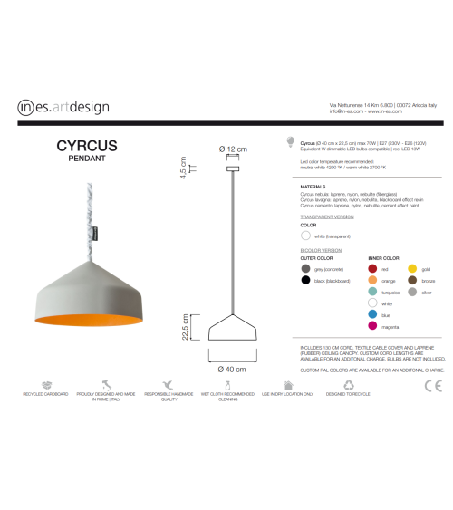 Lampada a sospensione Cyrcus Cemento IN-ES.ARTDESIGN | BHOME by Arredi Barbàra