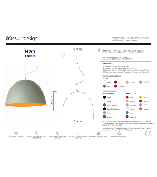 Lampada a sospensione H2O Cemento IN-ES.ARTDESIGN | BHOME by Arredi Barbàra