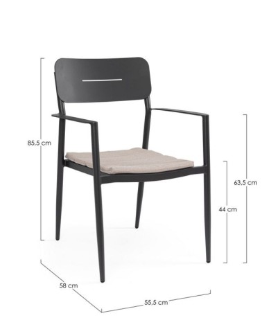The structure is made of powder-coated aluminum (polyester), designed for continuous outdoor use. The chair features a seat cush
