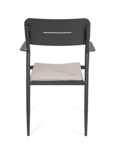 The structure is made of powder-coated aluminum (polyester), designed for continuous outdoor use. The chair features a seat cush