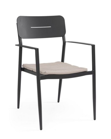 The structure is made of powder-coated aluminum (polyester), designed for continuous outdoor use. The chair features a seat cush
